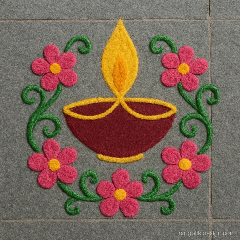 Diya rangoli design with five pink flowers circling a big maroon lamp