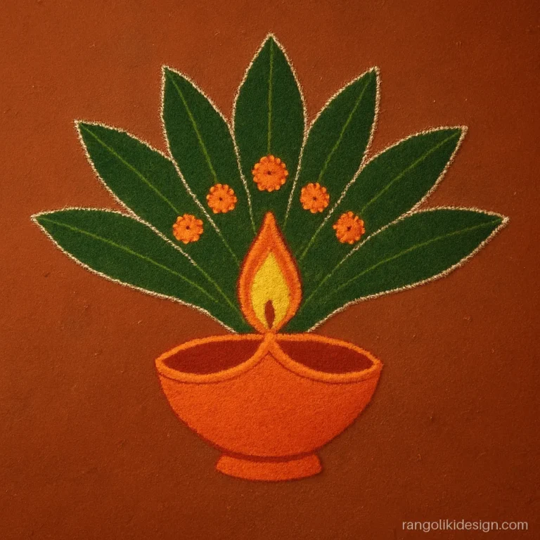 Diya rangoli with a fan of mango leaves and orange flowers for the entrance