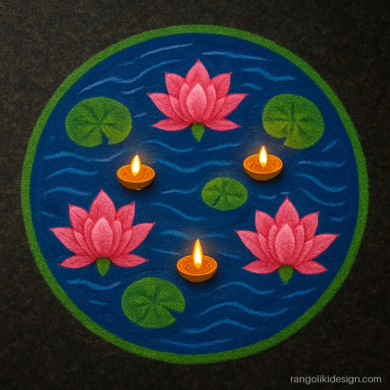 Diwali rangoli with flowers and diyas floating on a blue lotus pond