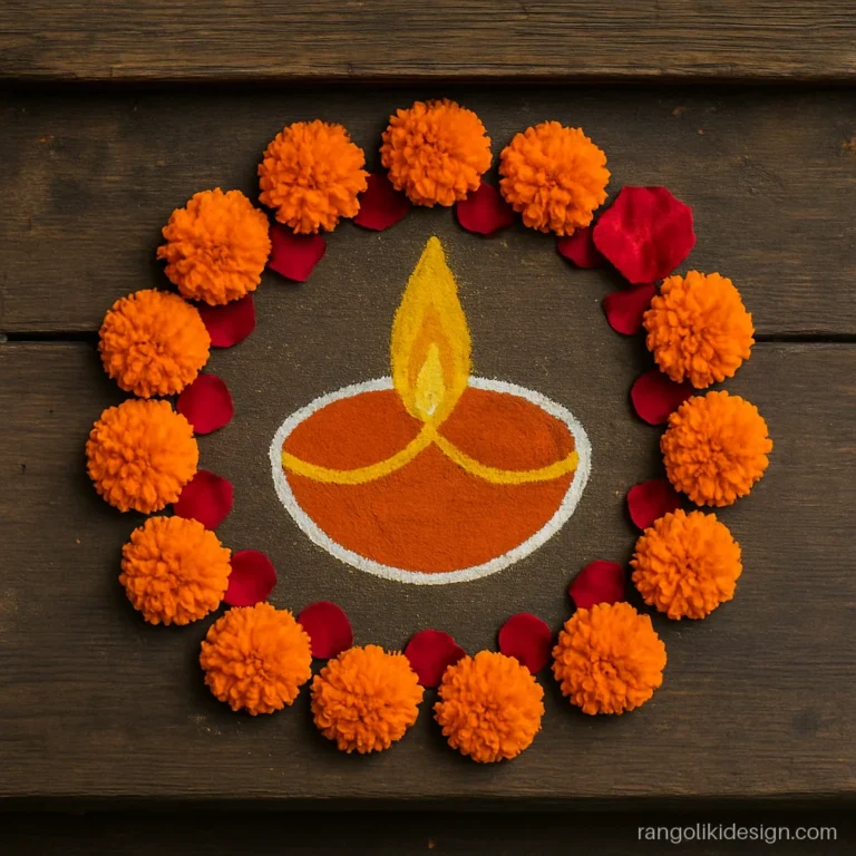 Diya rangoli with a powder lamp ringed by real marigold heads and rose petals