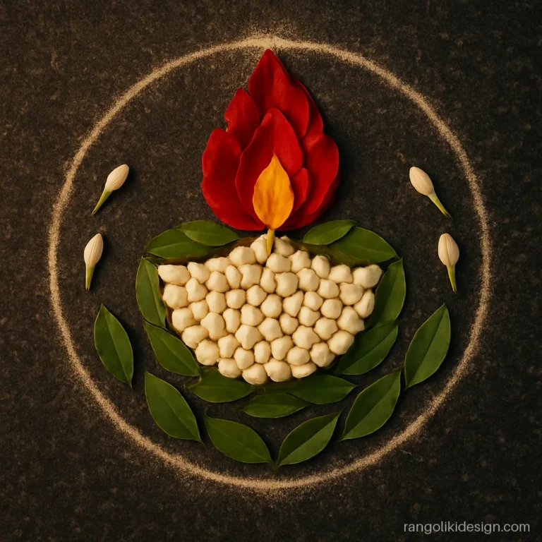Small beautiful diya rangoli made with white jasmine buds and red rose petals