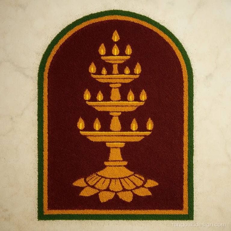 Deepak rangoli of a tall brass lamp stand with many flames in an arch frame