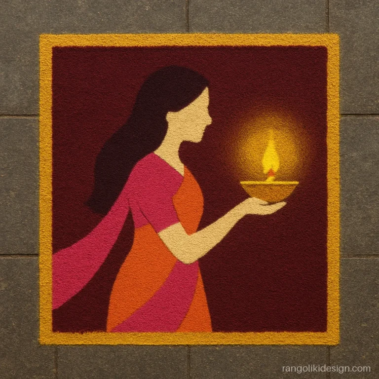 Simple lady with diya rangoli, a faceless saree silhouette holding a lamp