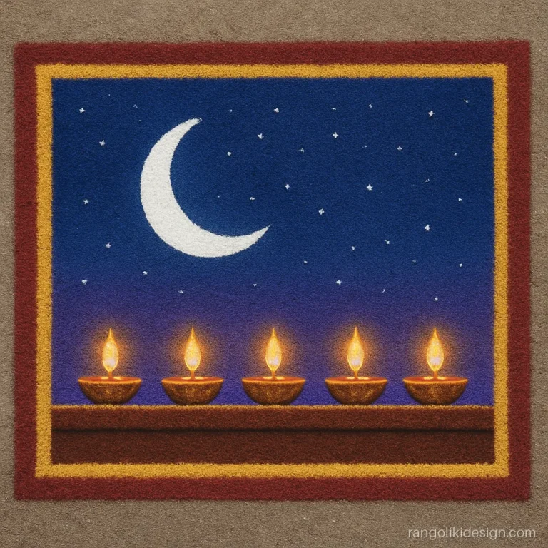 Diya poster rangoli for Diwali with a row of lamps on a wall ledge at night