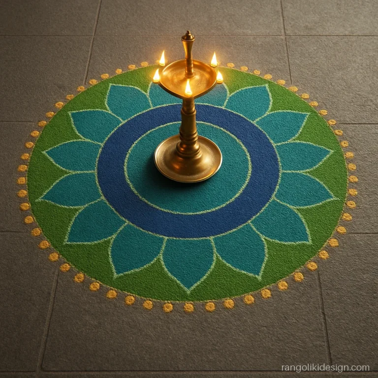 Rangoli design with a tall brass lamp in the centre and peacock colours