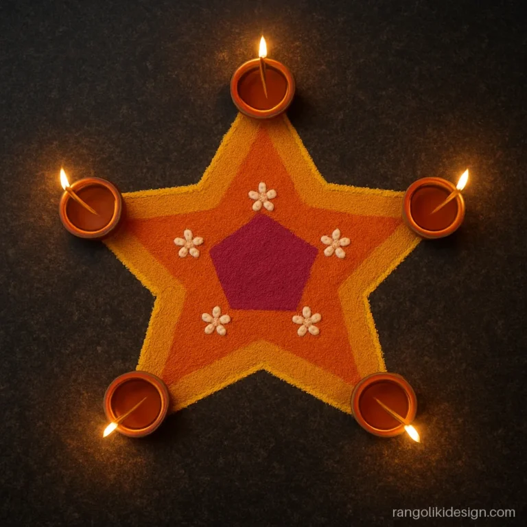 Lamp rangoli design with five real diyas on the points of a star