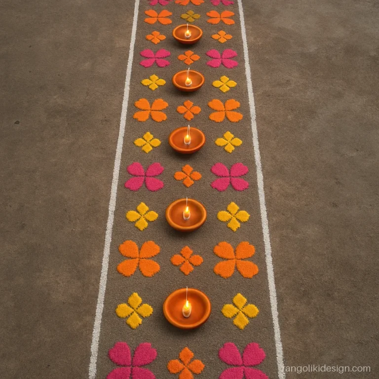 Diwali rangoli path with real diyas between small flowers along a courtyard