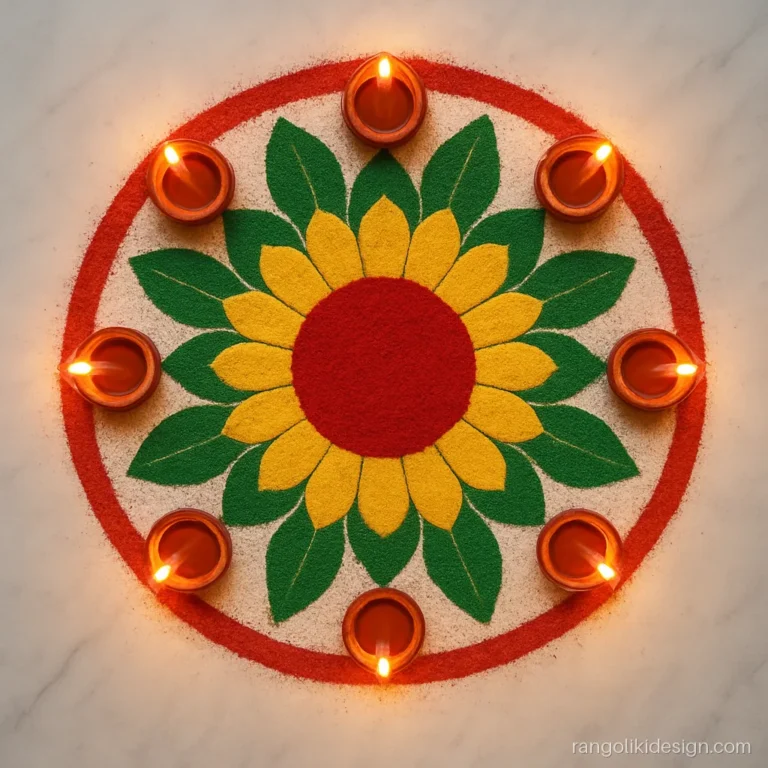 Round rangoli with eight real clay diyas placed on the outer ring