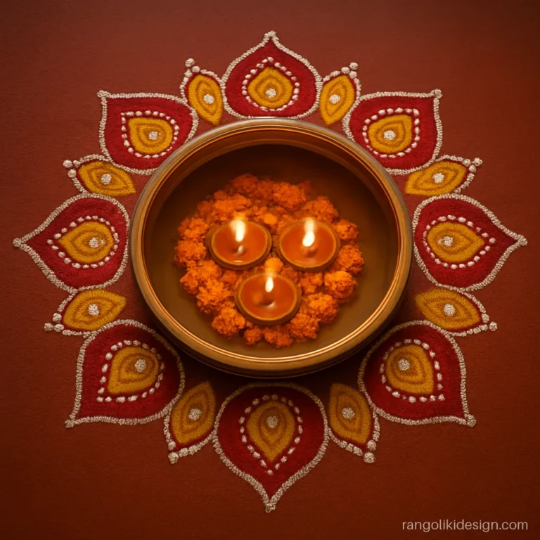 Rangoli around a brass urli with floating diyas and marigold petals