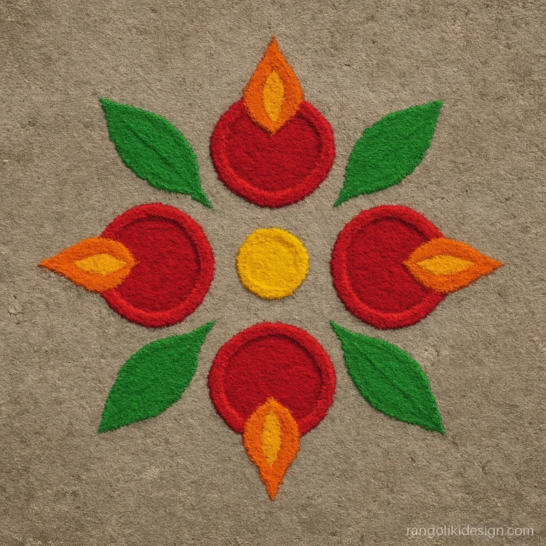Simple diya rangoli designs with four red lamps facing four directions