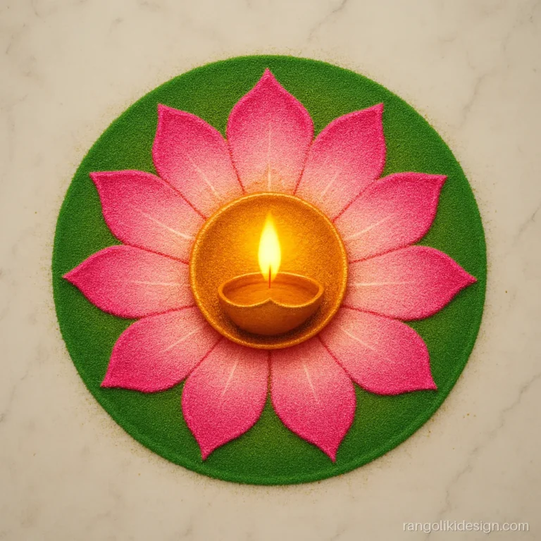 Simple diya rangoli design with a gold lamp sitting on a pink lotus