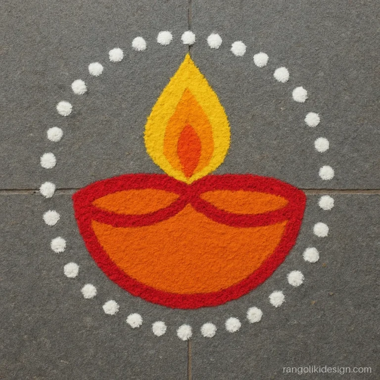 Diya simple rangoli design for Diwali with one orange lamp and white dots