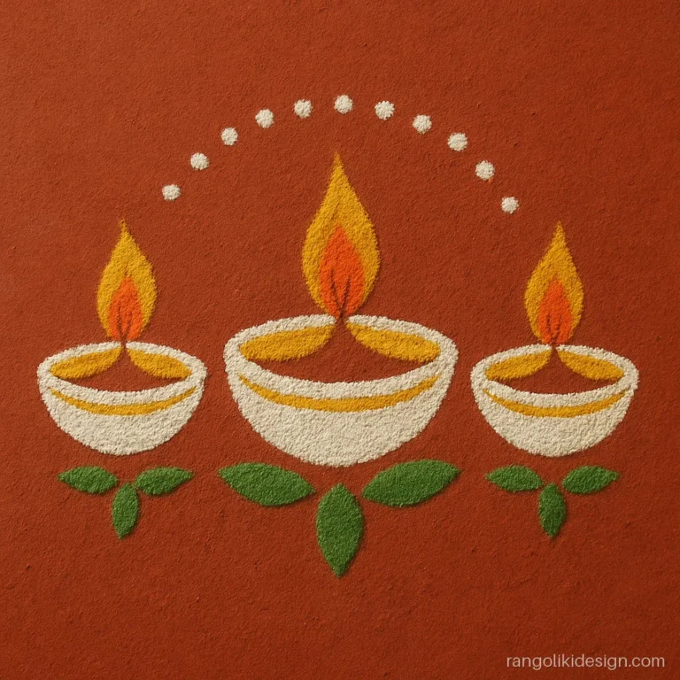 Small diya rangoli design with three lamps in a row on a red floor