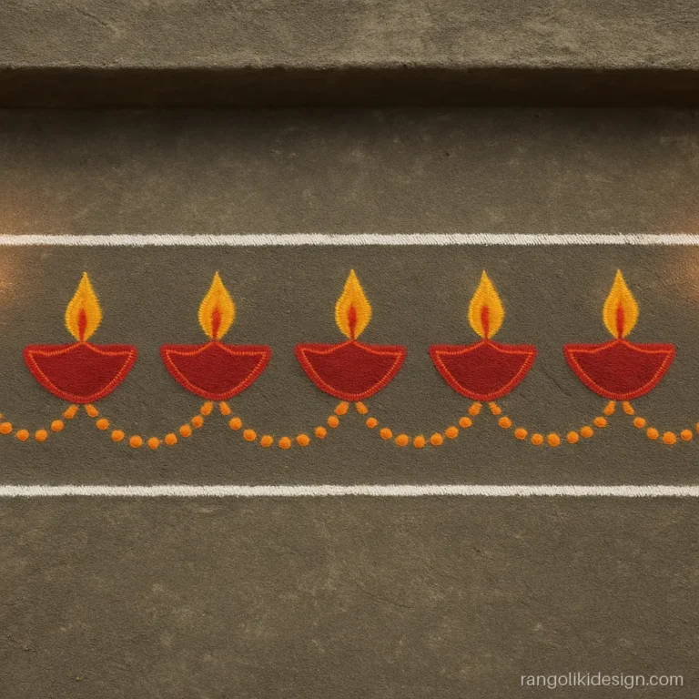 Diwali door border rangoli design with five diyas linked by orange dot chains