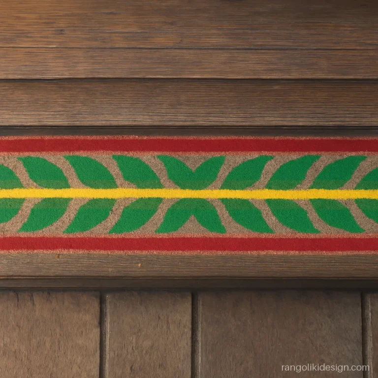 Door vel rangoli design with green mango leaves winding along the threshold