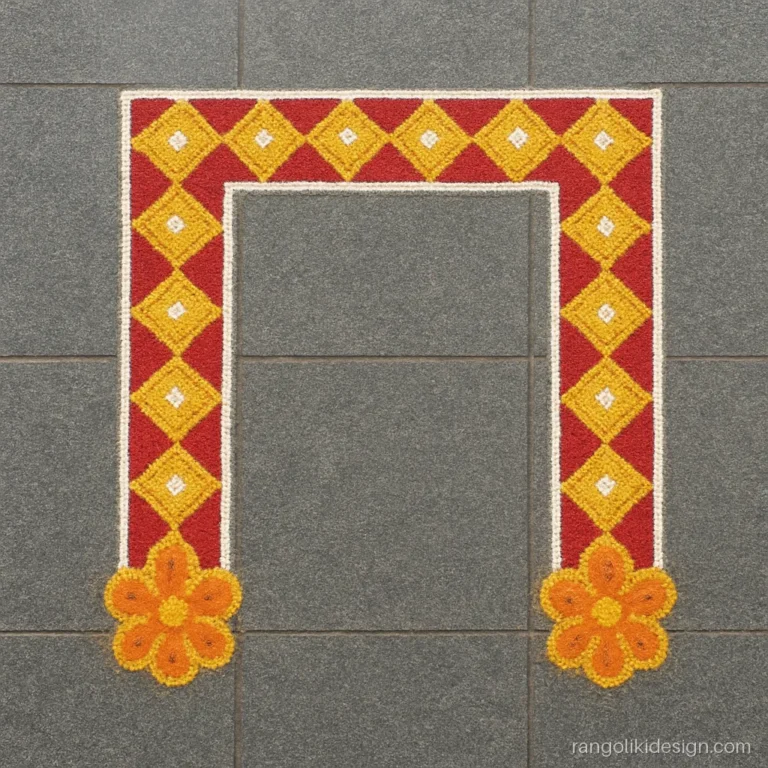 Door border rangoli design framing three sides of the doorstep in red and yellow