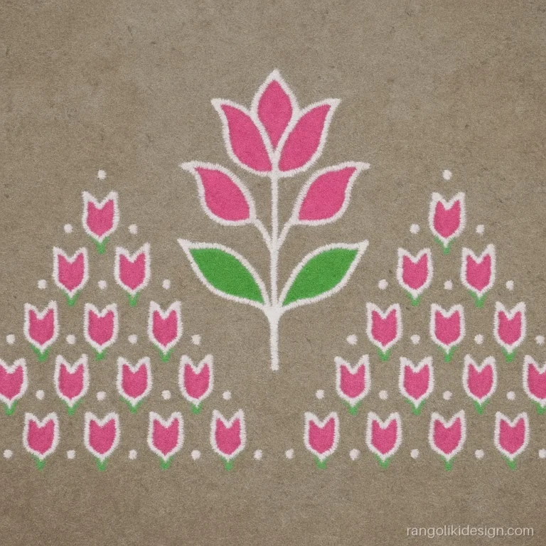 Easy door rangoli design with triangle dot grids and pink tulips in the corners