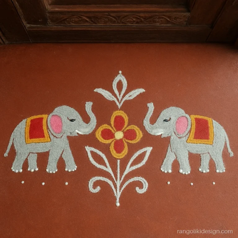 Main door rangoli designs with a small elephant in each front corner