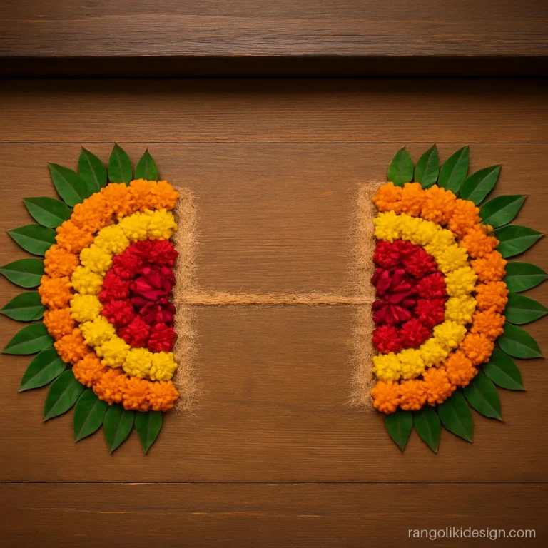 Door corner rangoli designs with marigold petal fans in both front corners