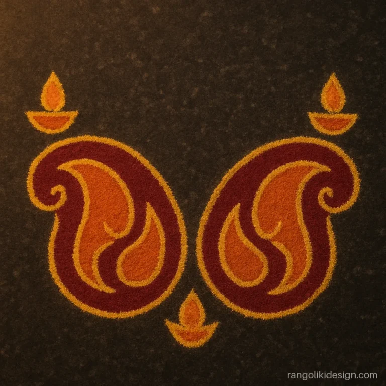 Door side rangoli designs for Diwali with maroon paisleys in the two corners