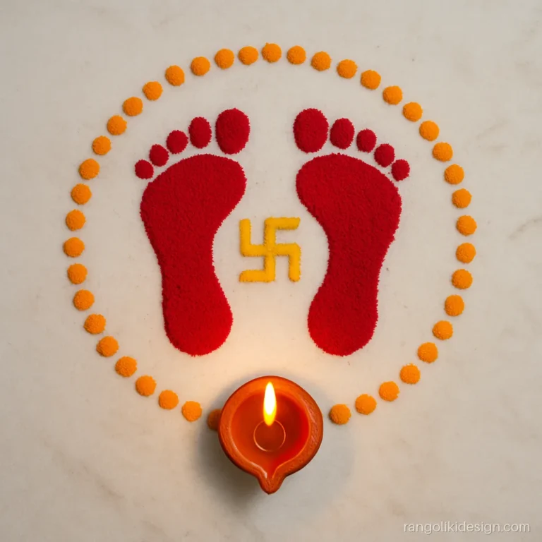 Small front door rangoli with Laxmi charan footprints pointing into the home