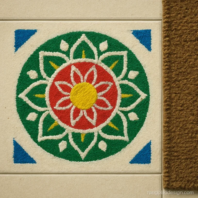 Door rangoli design with paint: a small mandala on one floor tile by the doormat