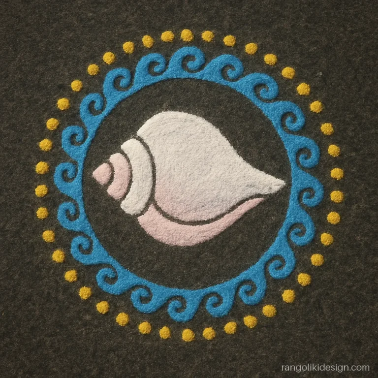 Small front door rangoli design with a white shankh inside a ring of blue waves