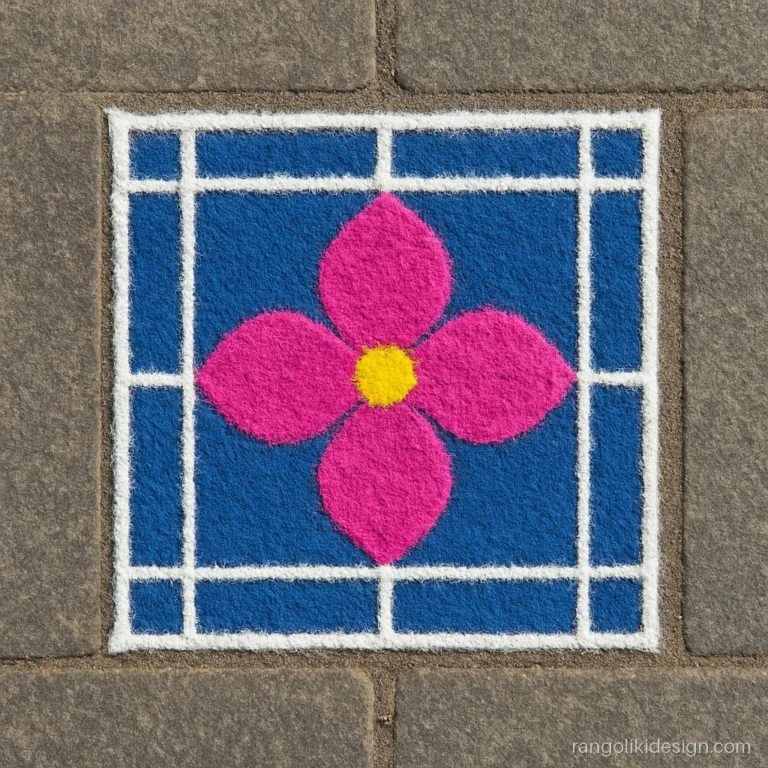 Simple rangoli design for home door on a small 4 by 4 dot square