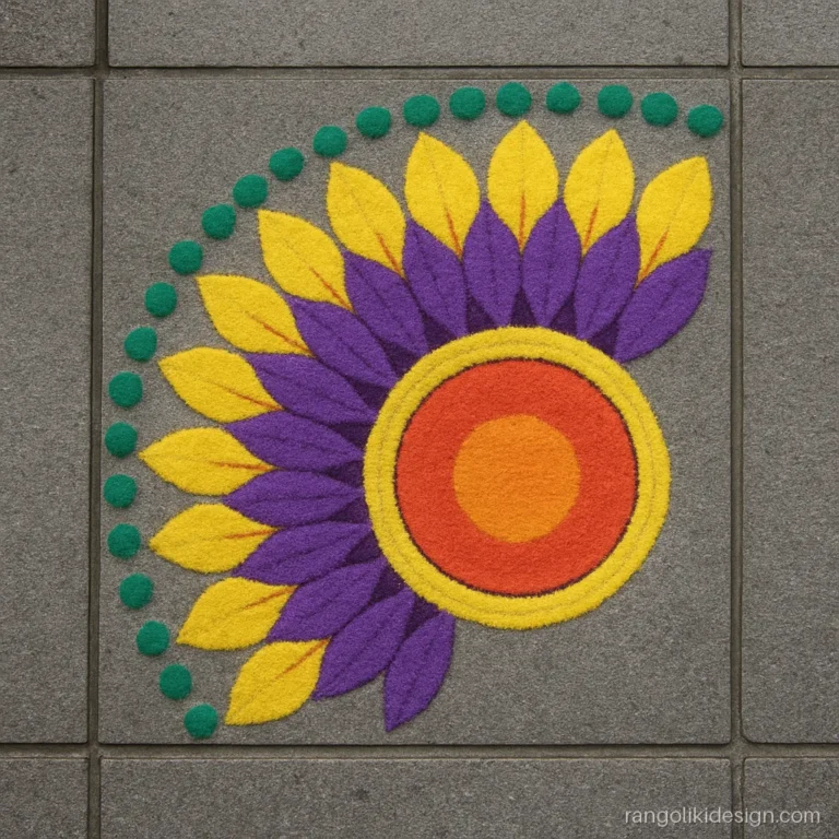 Rangoli design for stairs corner with a quarter mandala at the landing turn