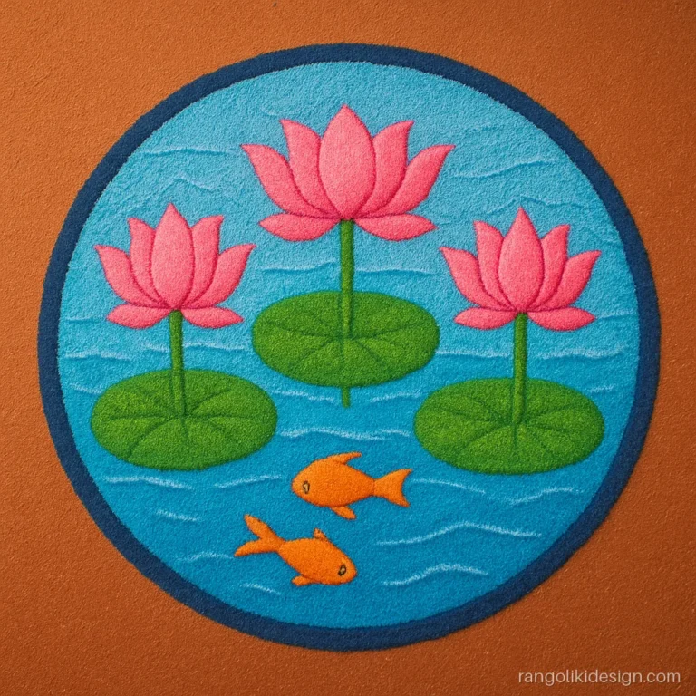 Entrance rangoli design with a lotus pond on the landing in front of the door
