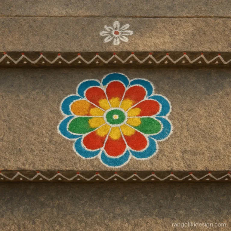 Simple outdoor rangoli designs on courtyard steps in white lines and red dots