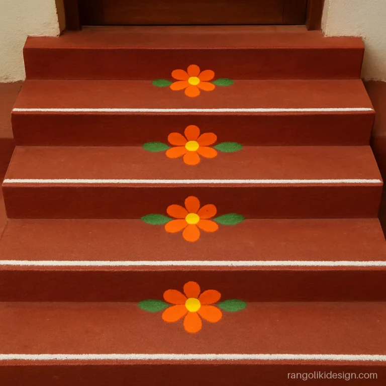Rangoli for entrance steps with the same small orange flower on each step