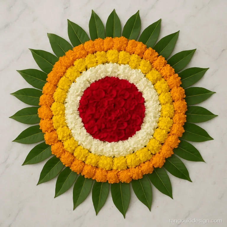 Flower rangoli design for door with marigold and rose petals at a home entrance
