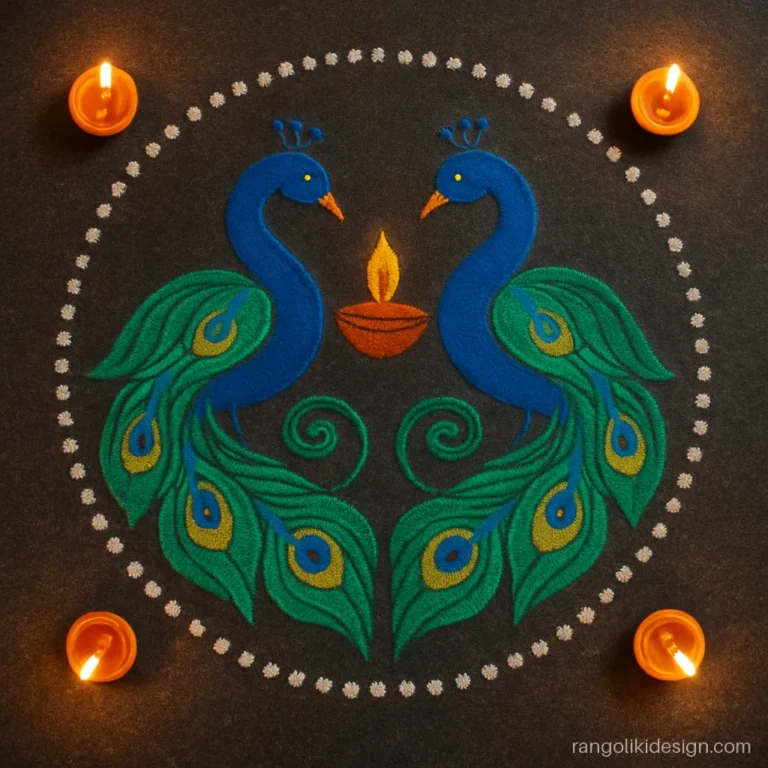 Beautiful welcome rangoli with two peacocks facing each other and a diya between them