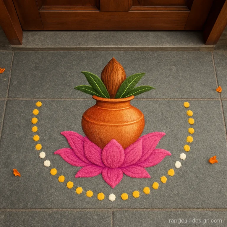 Welcome rangoli design with a kalash on a pink lotus in front of the main door