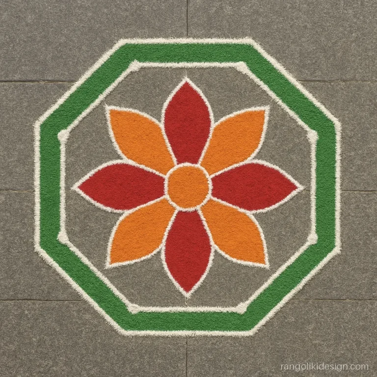 Dotted rangoli design with an eight petal flower inside a green octagon