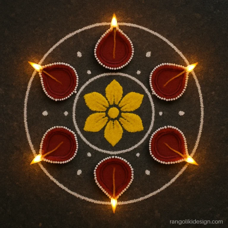 Dot rangoli designs for diwali with six drawn diyas around a yellow flower