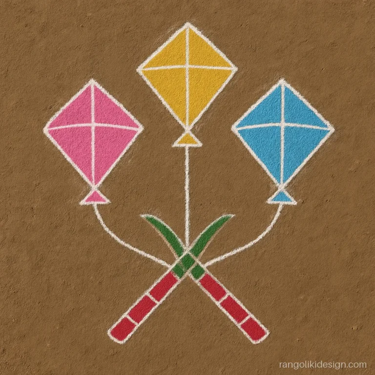 Easy dot rangoli design with three kites and sugarcane on an 11 to 6 grid
