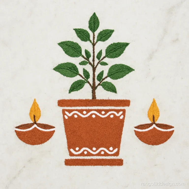 Simple rangoli designs for home with dots showing a tulsi plant in a pot