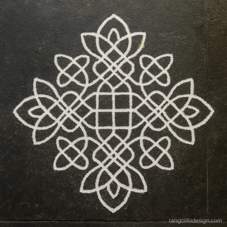 Rangoli designs with dots 15 to 8 drawn as a big white sikku kolam