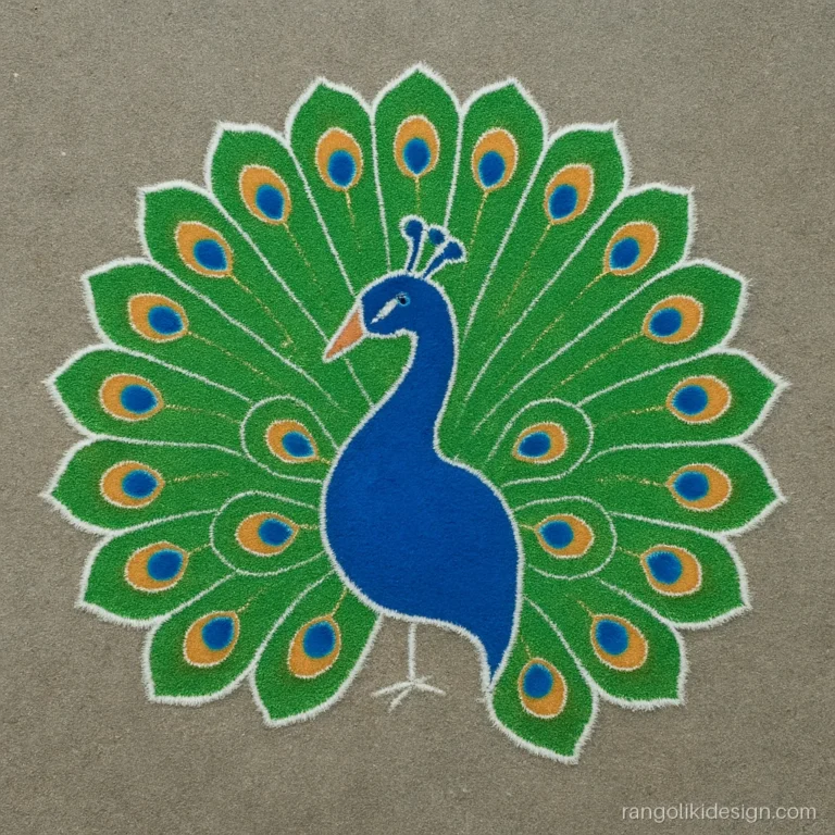 Rangoli designs with dots 15-8 showing a big blue peacock with a fanned tail
