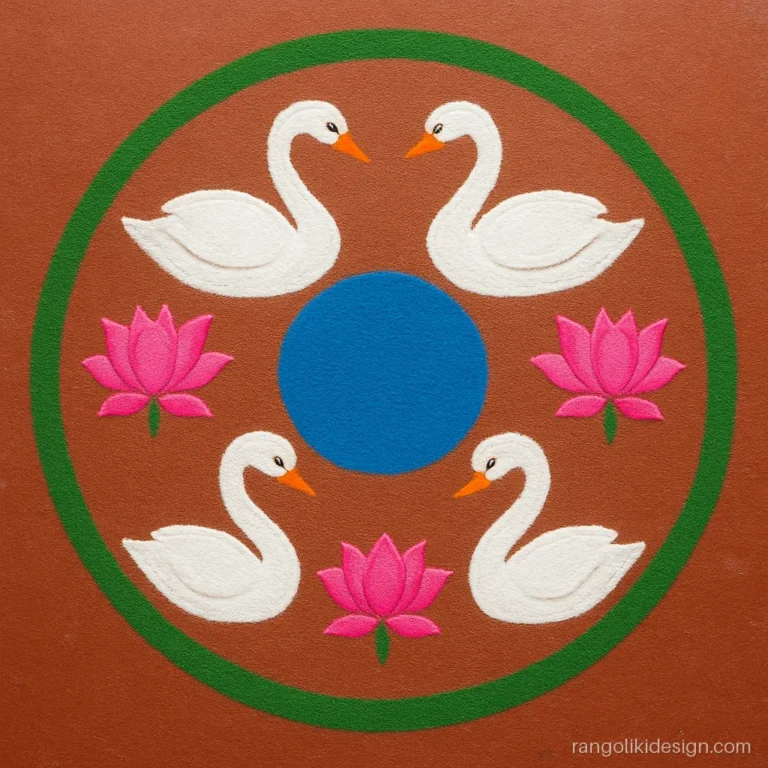 Big rangoli designs with dots showing four white swans around a blue pond