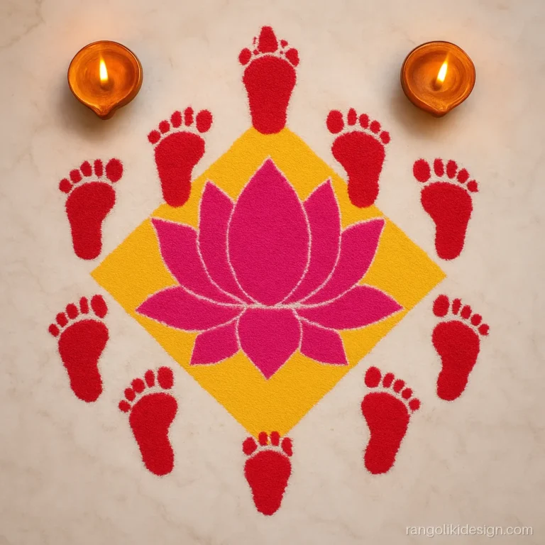 Diwali rangoli designs with dots: big lotus and Laxmi charan on a 15-8 grid