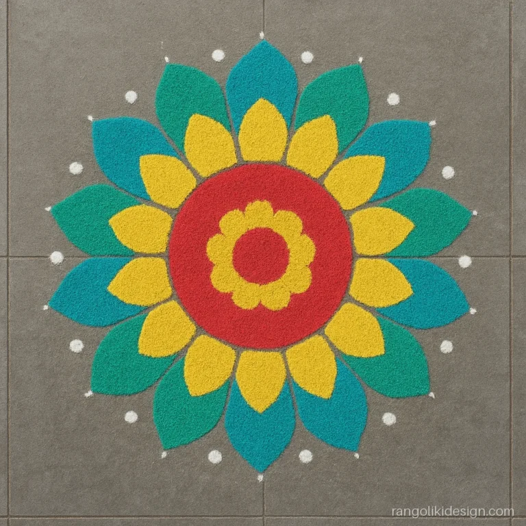 Easy 15-8 dots rangoli with colour in three rings of red, yellow and blue petals