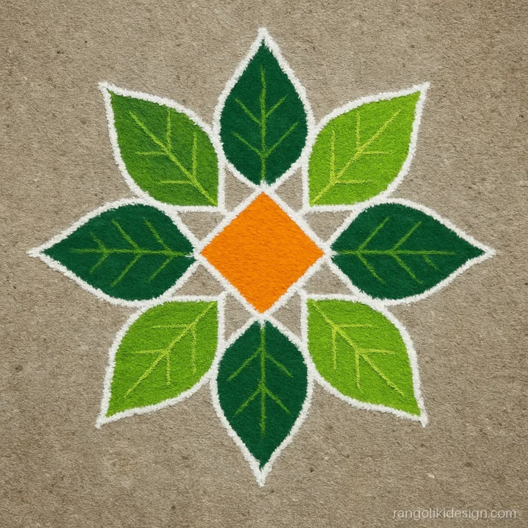 Easy simple 5 dots rangoli with an eight leaf star in two greens