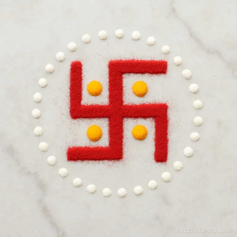Small rangoli designs with dots showing a red swastik joined on a 5 by 5 grid