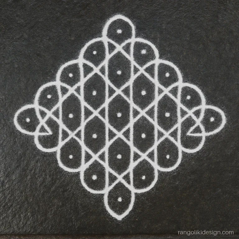 Easy rangoli designs with dots: white pulli kolam loops woven around a 5 by 5 grid