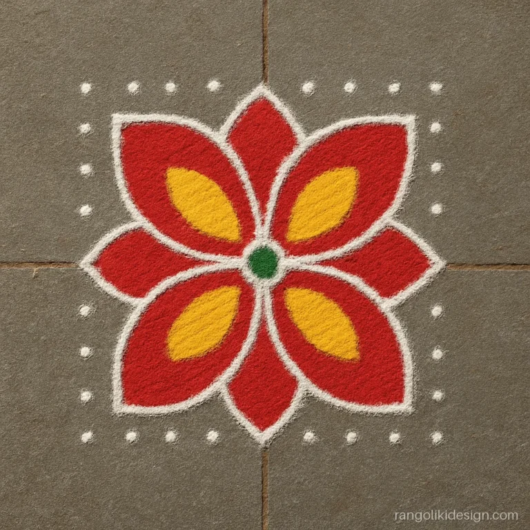 Small dot rangoli design with a red and yellow flower on a 5 by 5 grid