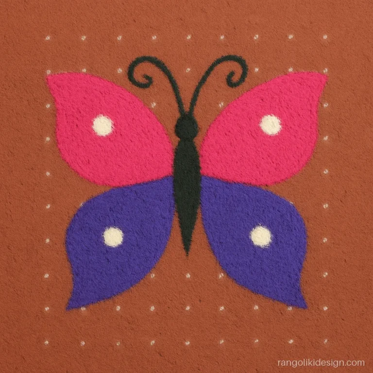 Small dot rangoli designs for kids with a pink and purple butterfly on dots