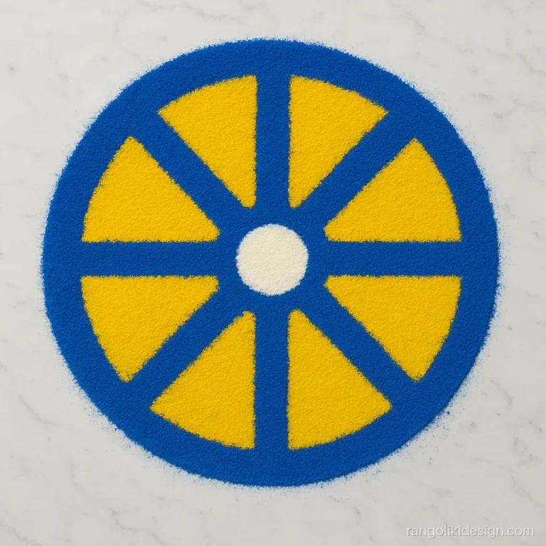 Dot rangoli design on a 7 to 4 grid with a blue chakra wheel